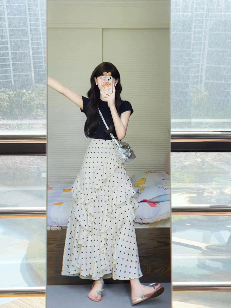 Polka-Dot Ruffle Skirt and Black Top Set product view 1