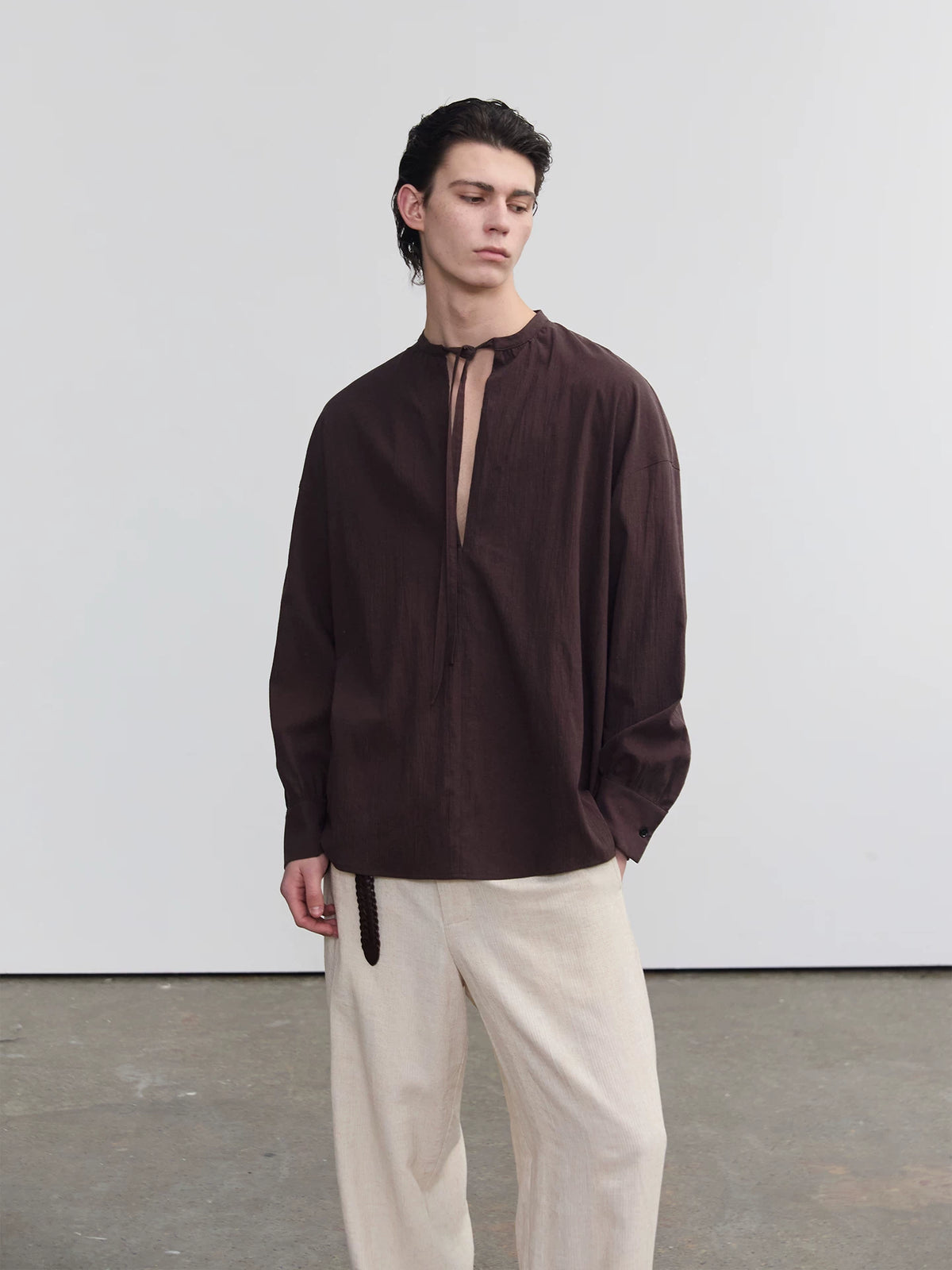 Ribbon-Tie Relaxed Long-Sleeve Shirt product view 2