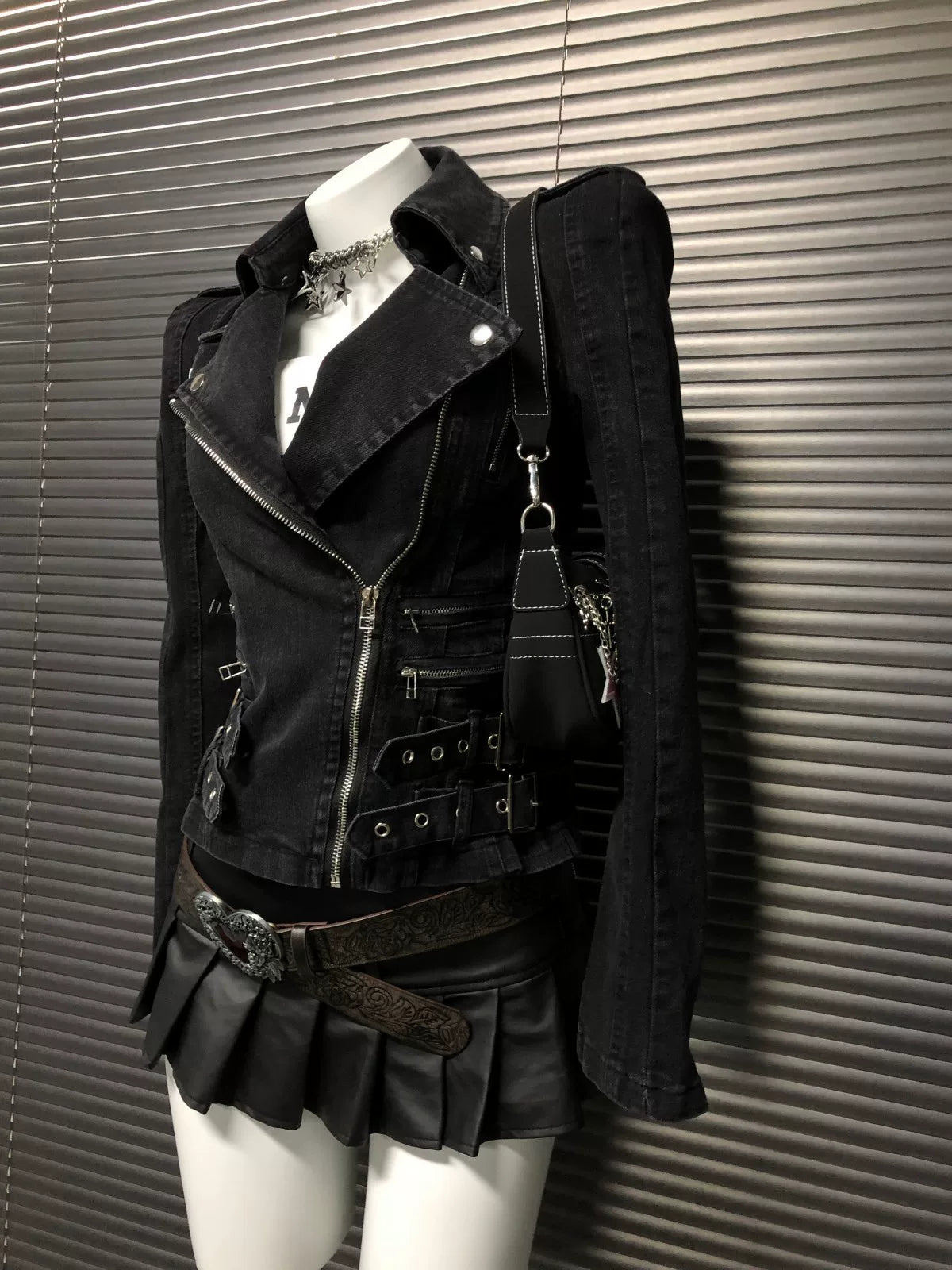 Buckle-Detailed Black Denim Moto Jacket product view 3