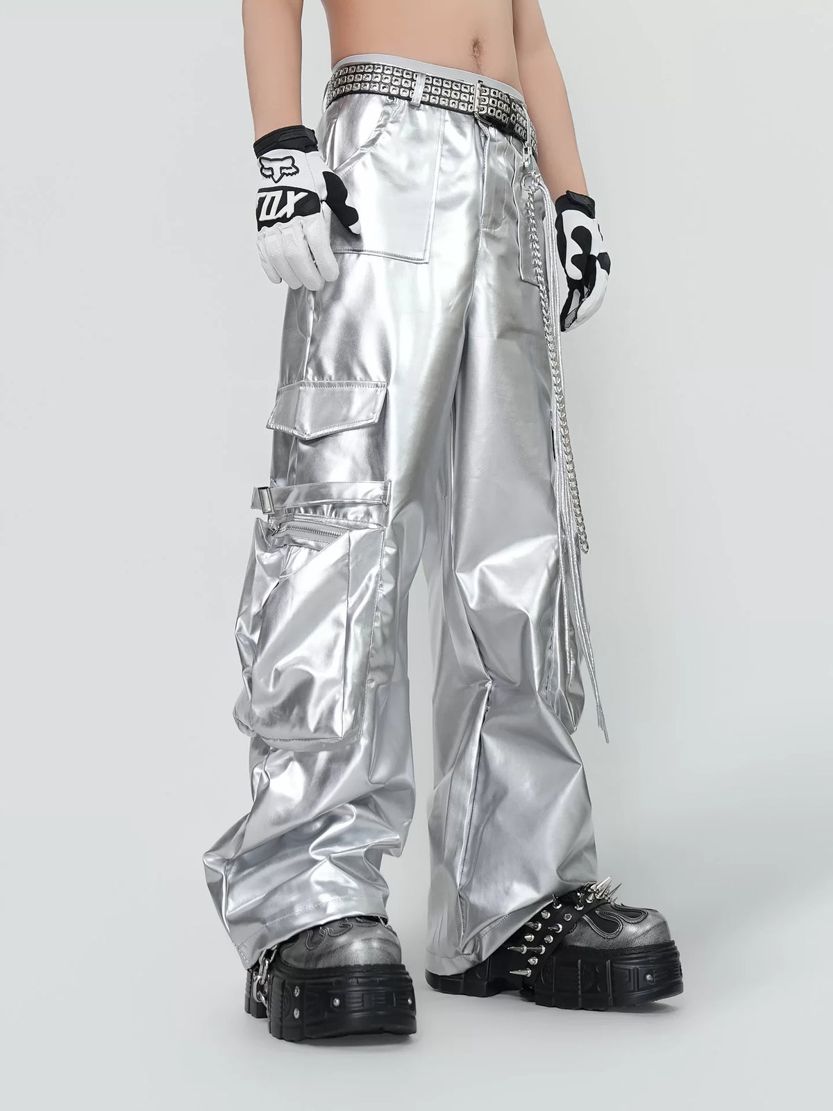 Silver Coated Wide-Leg Cargo Pants product view 3