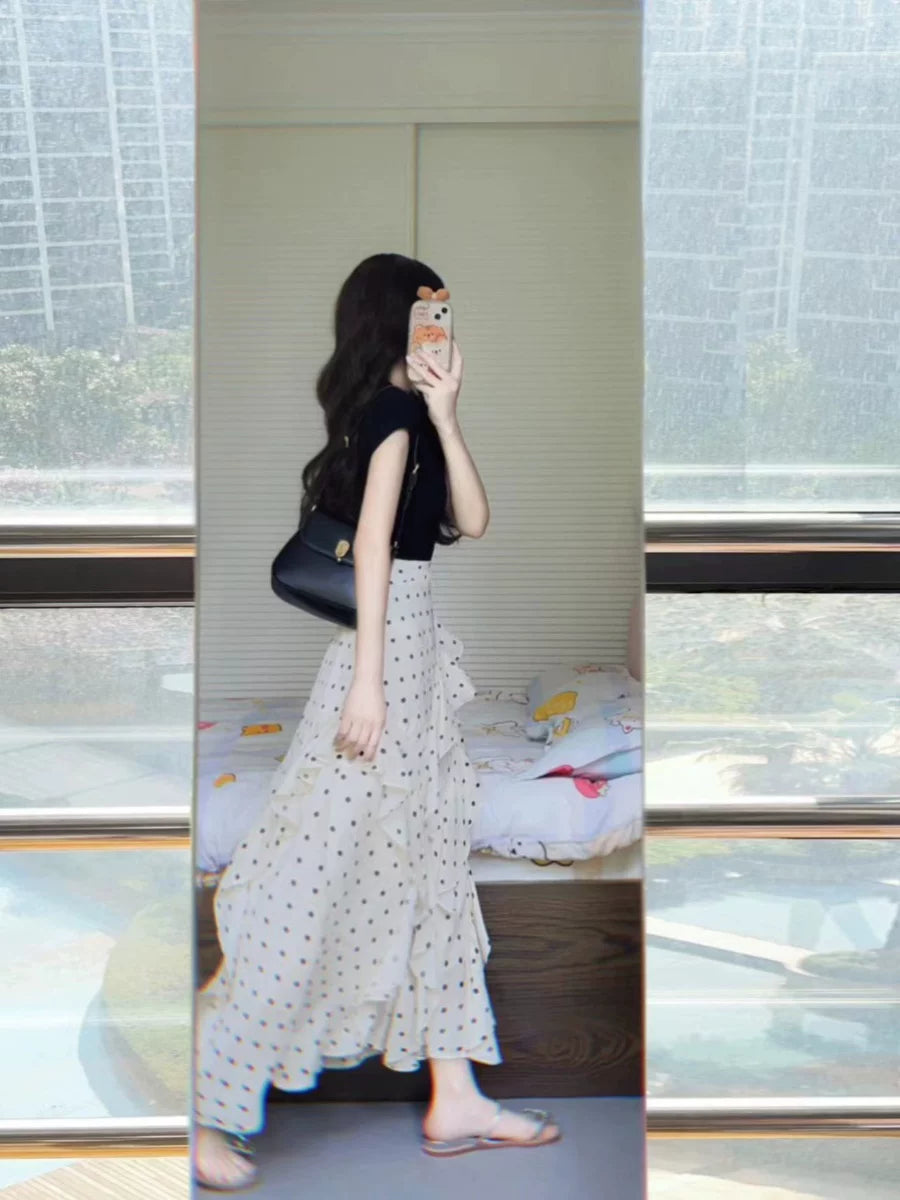 Polka-Dot Ruffle Skirt and Black Top Set product view 2