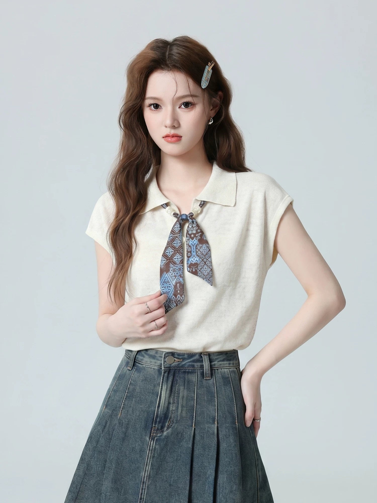 Scarf-Tie Oatmeal Polo Top product view 3