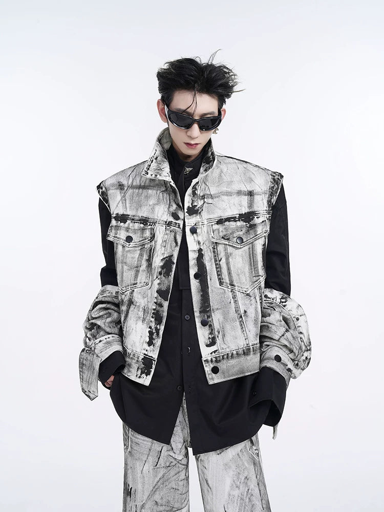 Convertible-Sleeve Graphic Denim Jacket product view 2