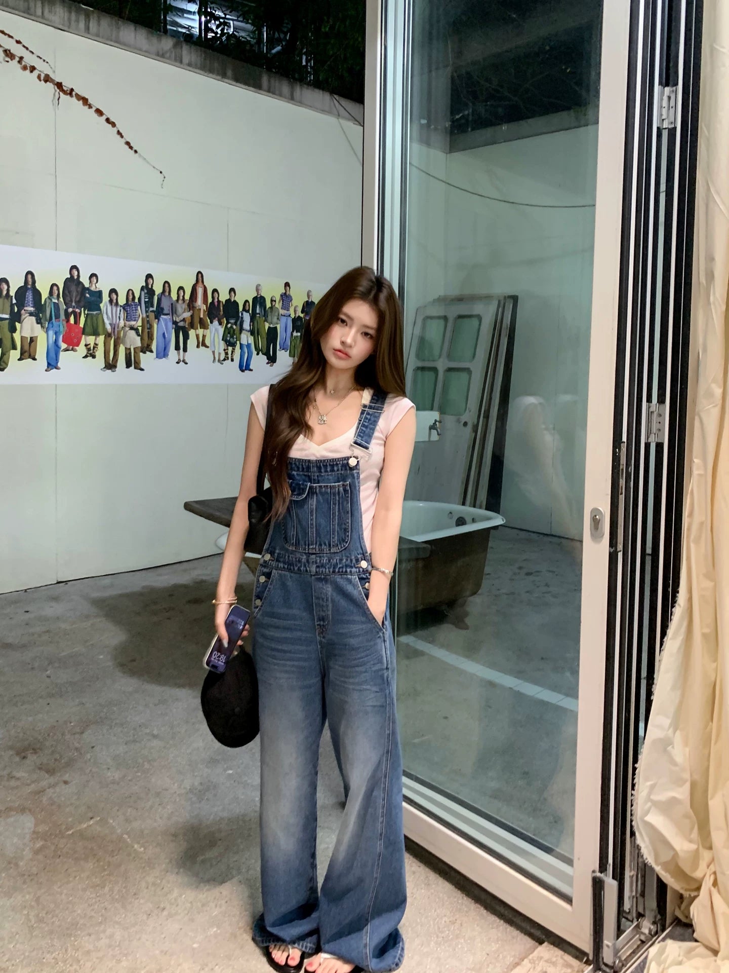 Vintage-Wash Wide-Leg Denim Overalls product view 1