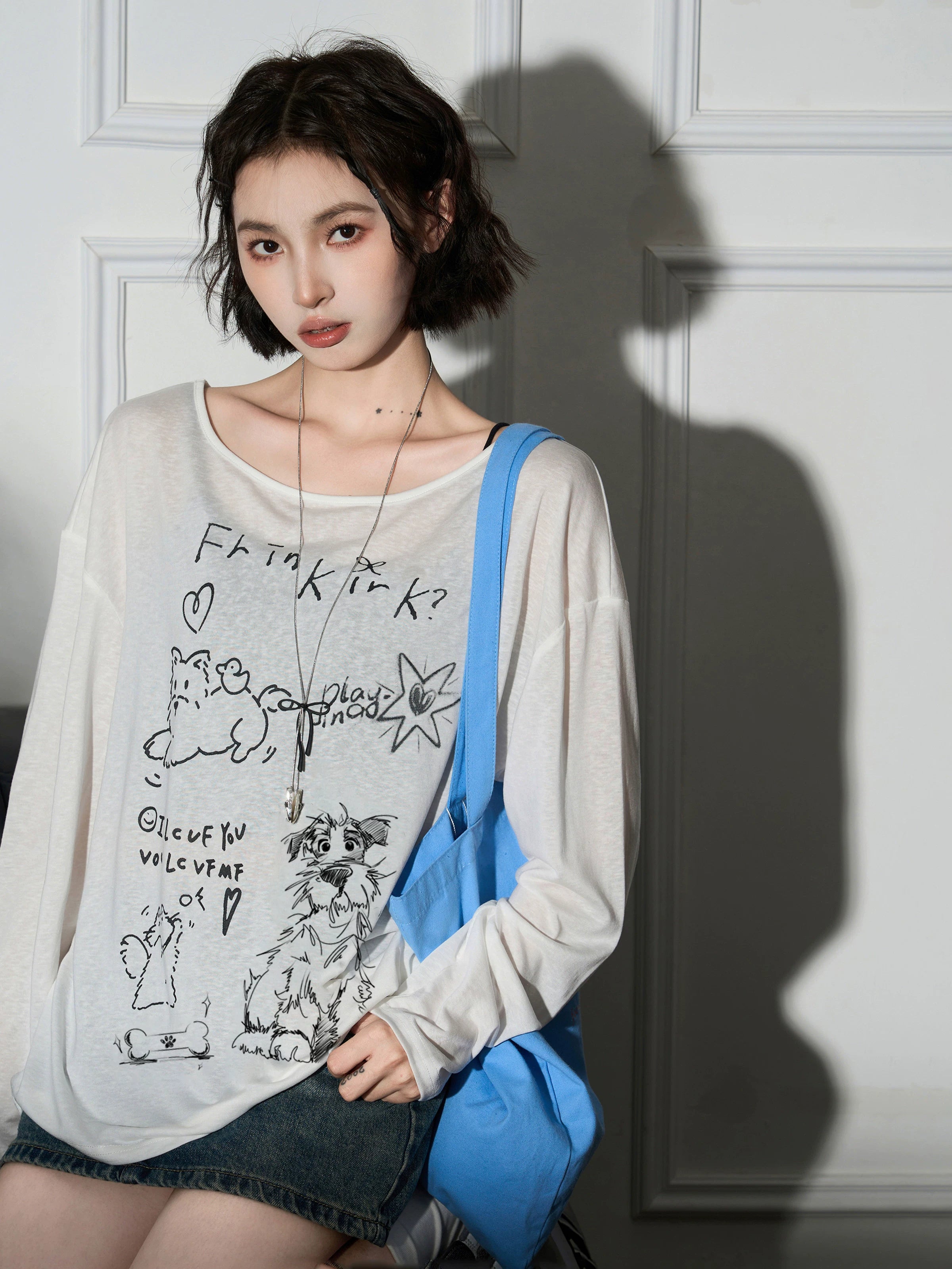 Cat-Print Off-Shoulder Sheer Blouse product view 2