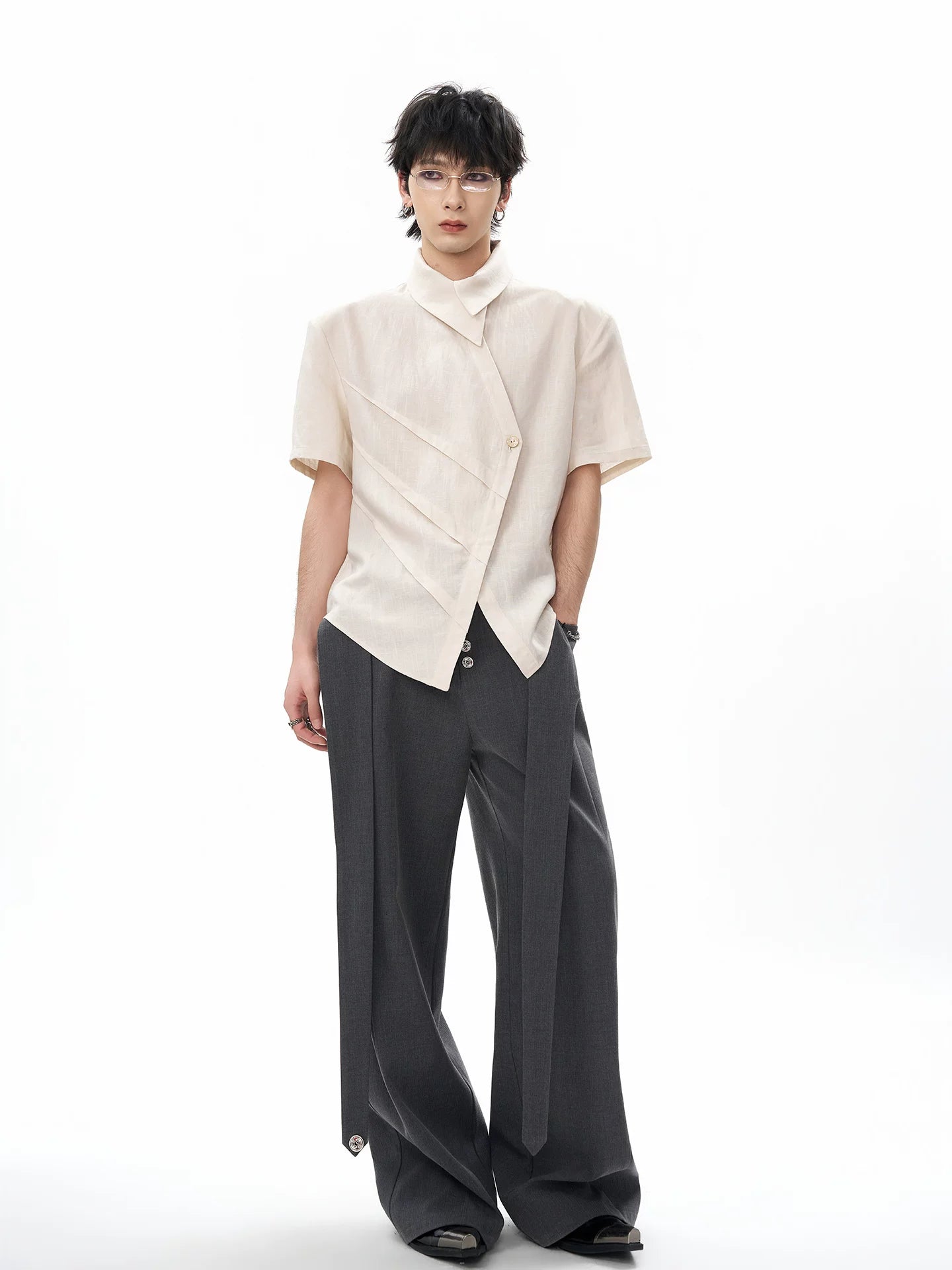 Asymmetric Fold-Collar Short-Sleeve Shirt product view 2
