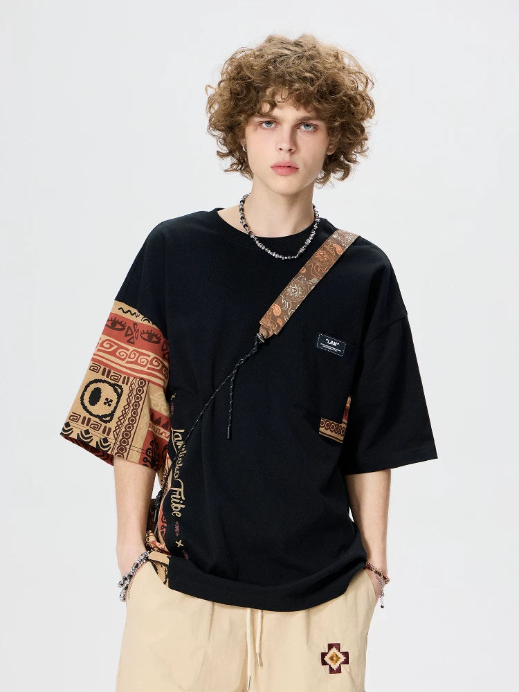 Ethnic Panel Oversized Cotton T-Shirt Black front view