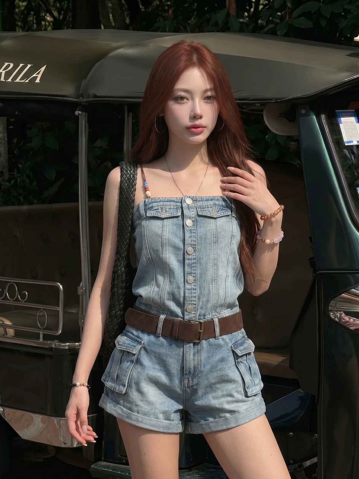Beaded Denim Short Romper product view 4