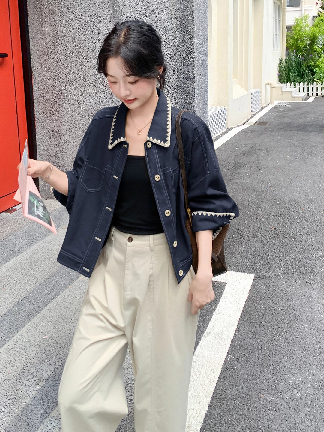 Contrast-Trim Cropped Denim Jacket product view 3