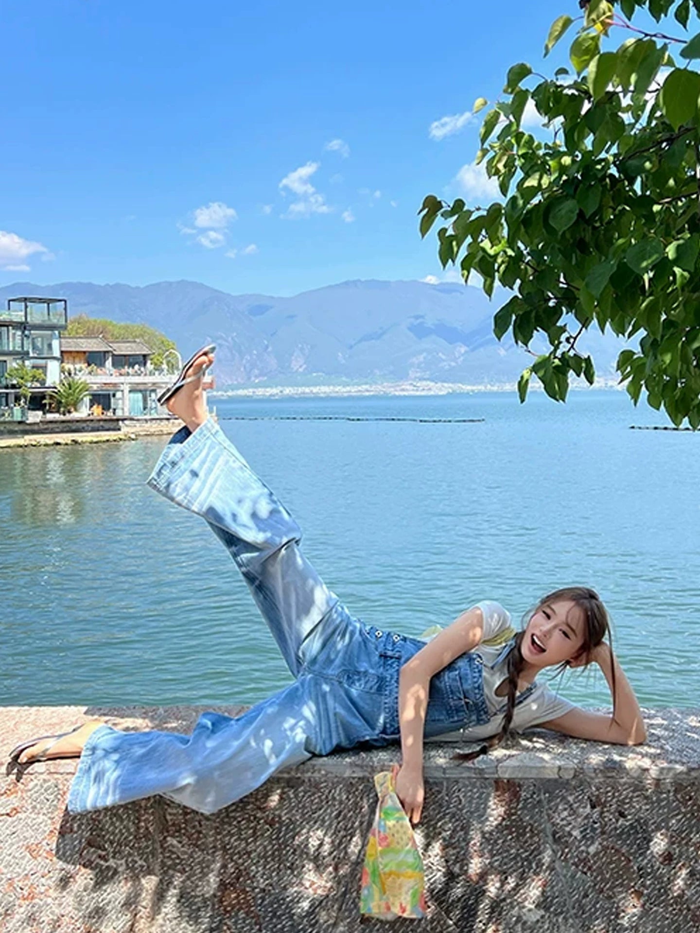 Washed Wide-Leg Denim Overalls product view 4