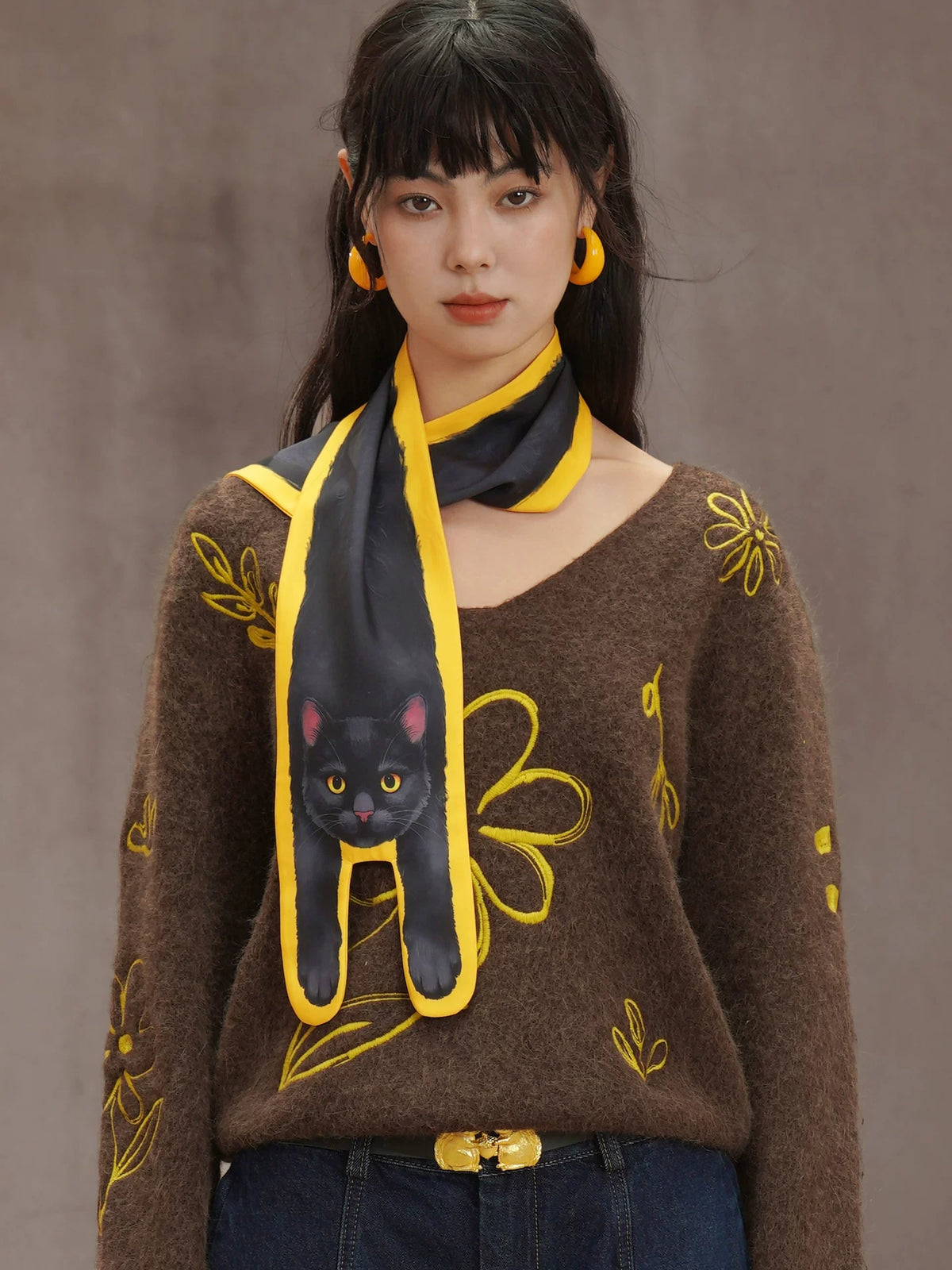 Black Cat Print Long Scarf product view 4