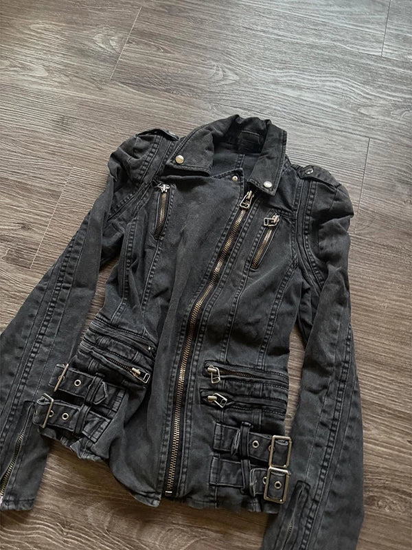 Buckle-Detailed Denim Moto Jacket product view 4