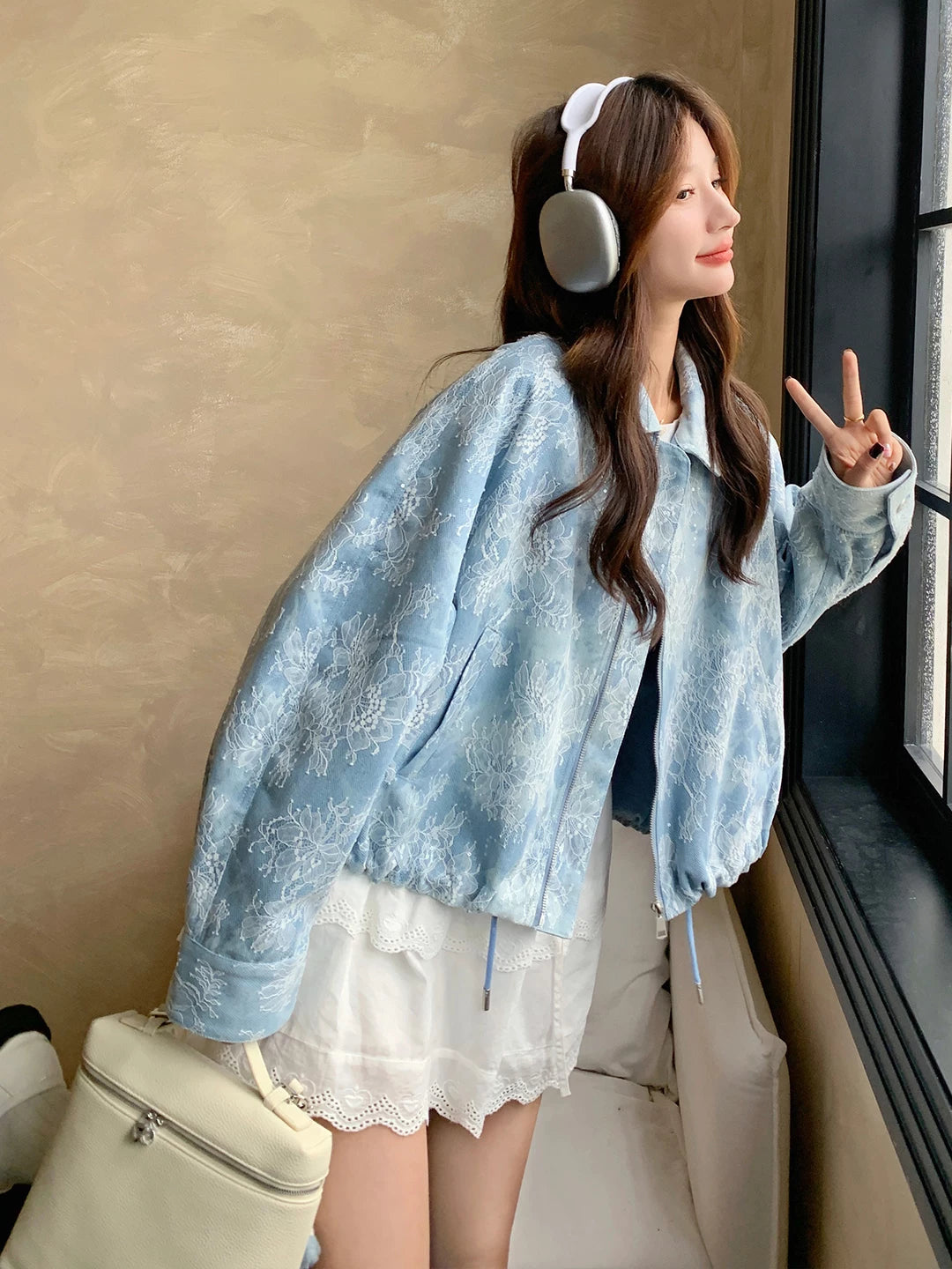 Lace-Panel Blue Denim Jacket product view 3
