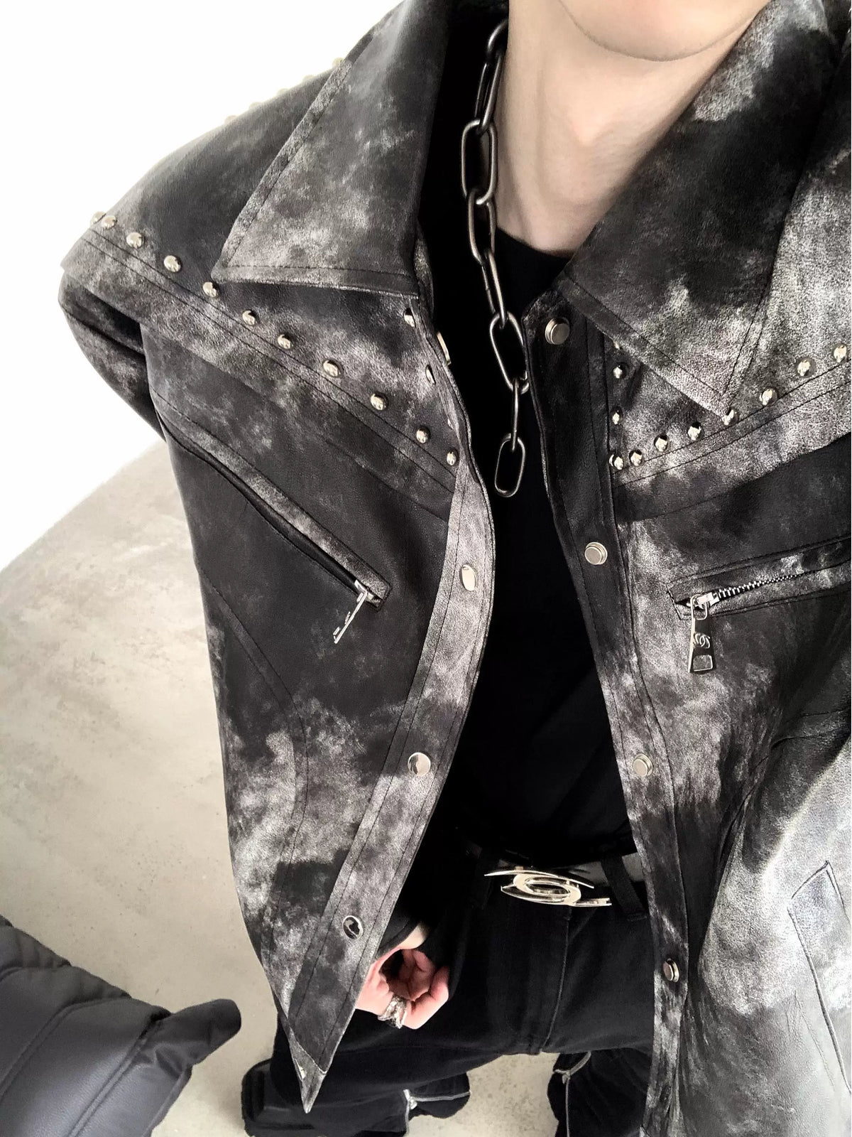 Studded Acid-Wash Moto Jacket product view 3