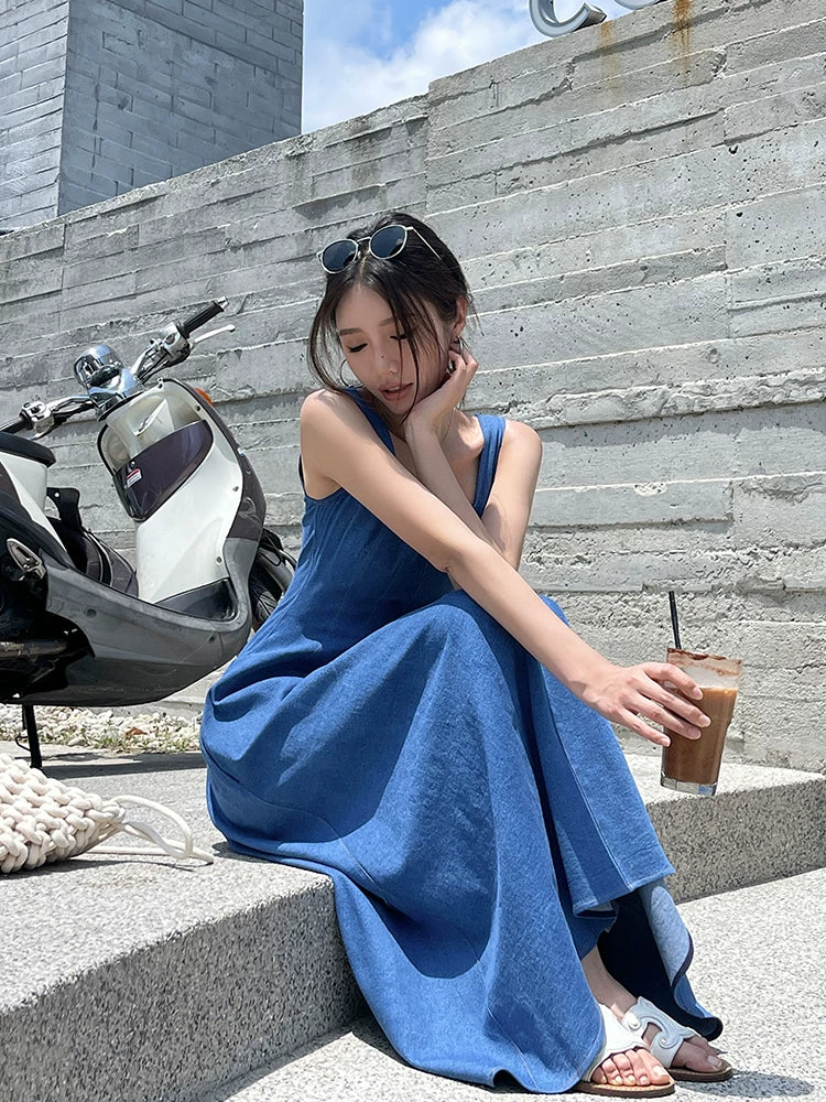 Blue Denim Square-Neck Maxi Dress product view 4