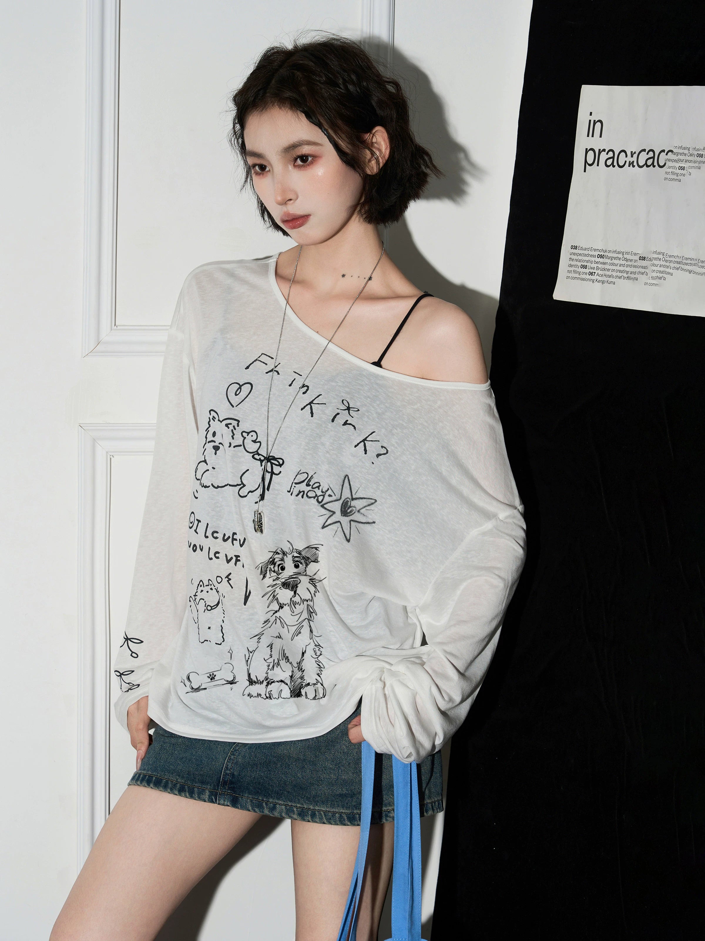 Cat-Print Off-Shoulder Sheer Blouse product view 3