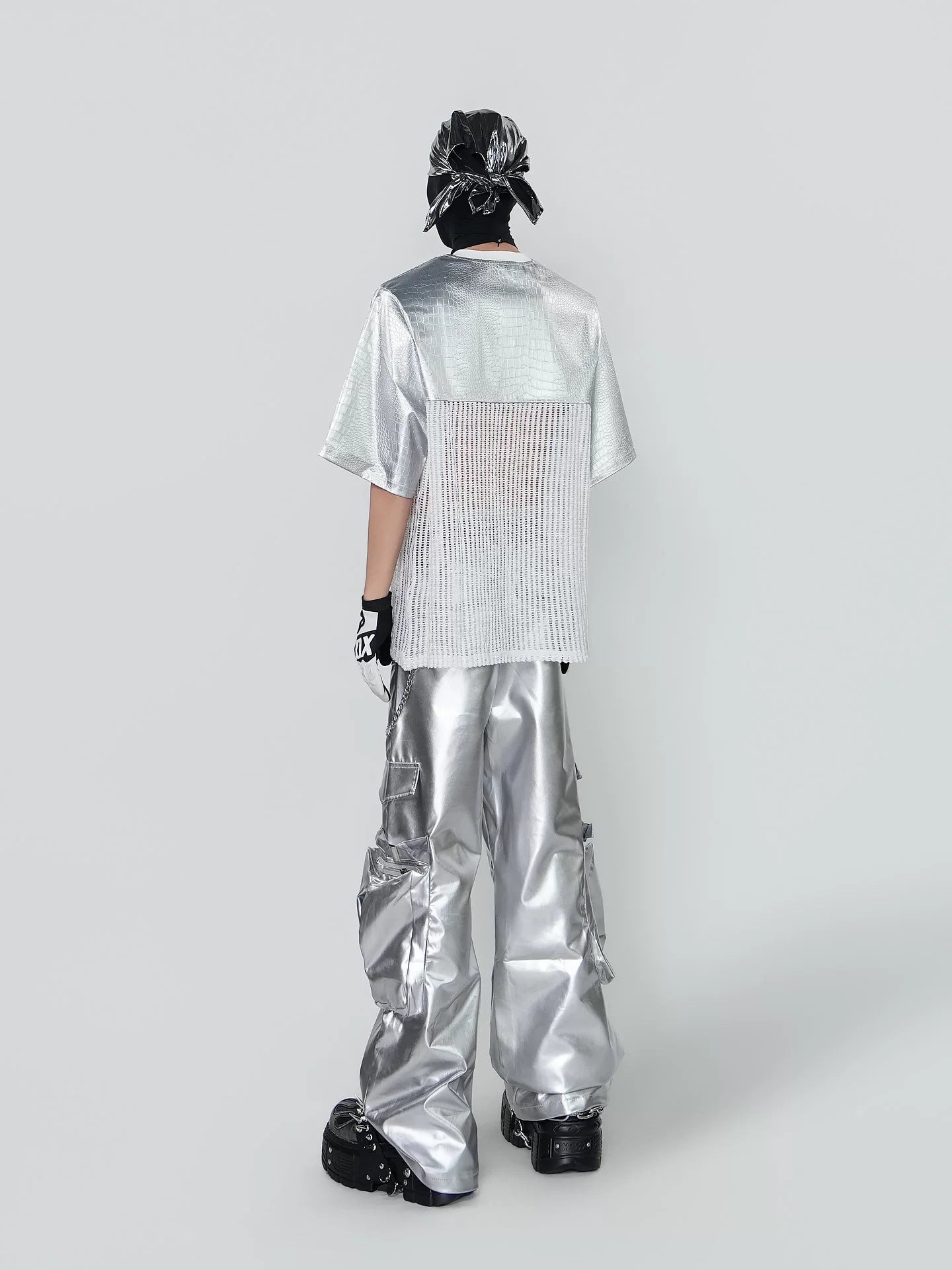 Silver Coated Wide-Leg Cargo Pants product view 4