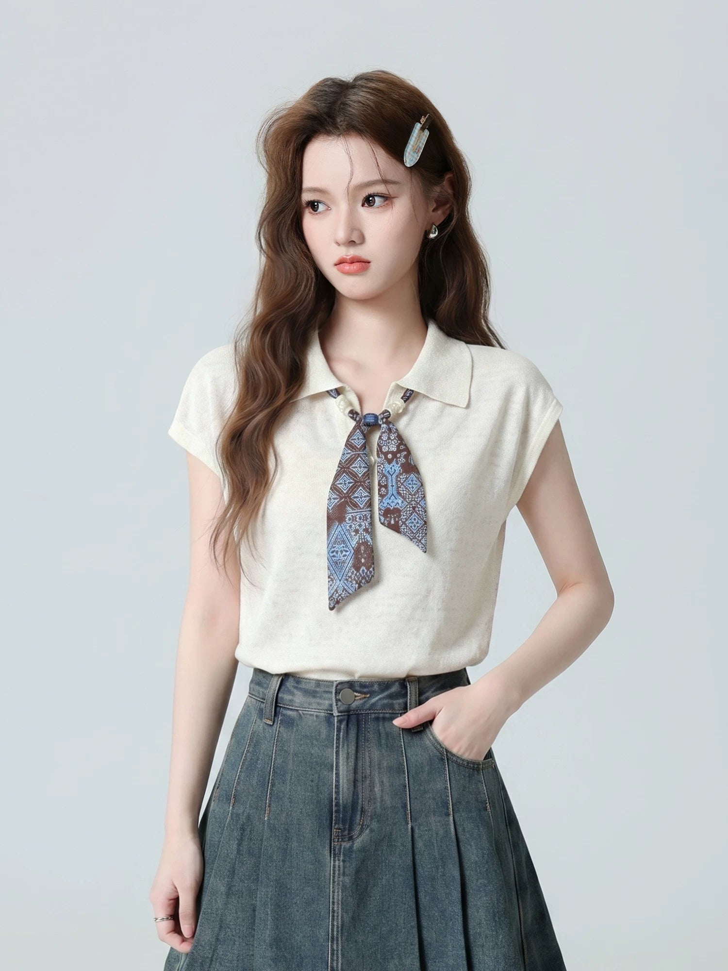 Scarf-Tie Oatmeal Polo Top product view 4