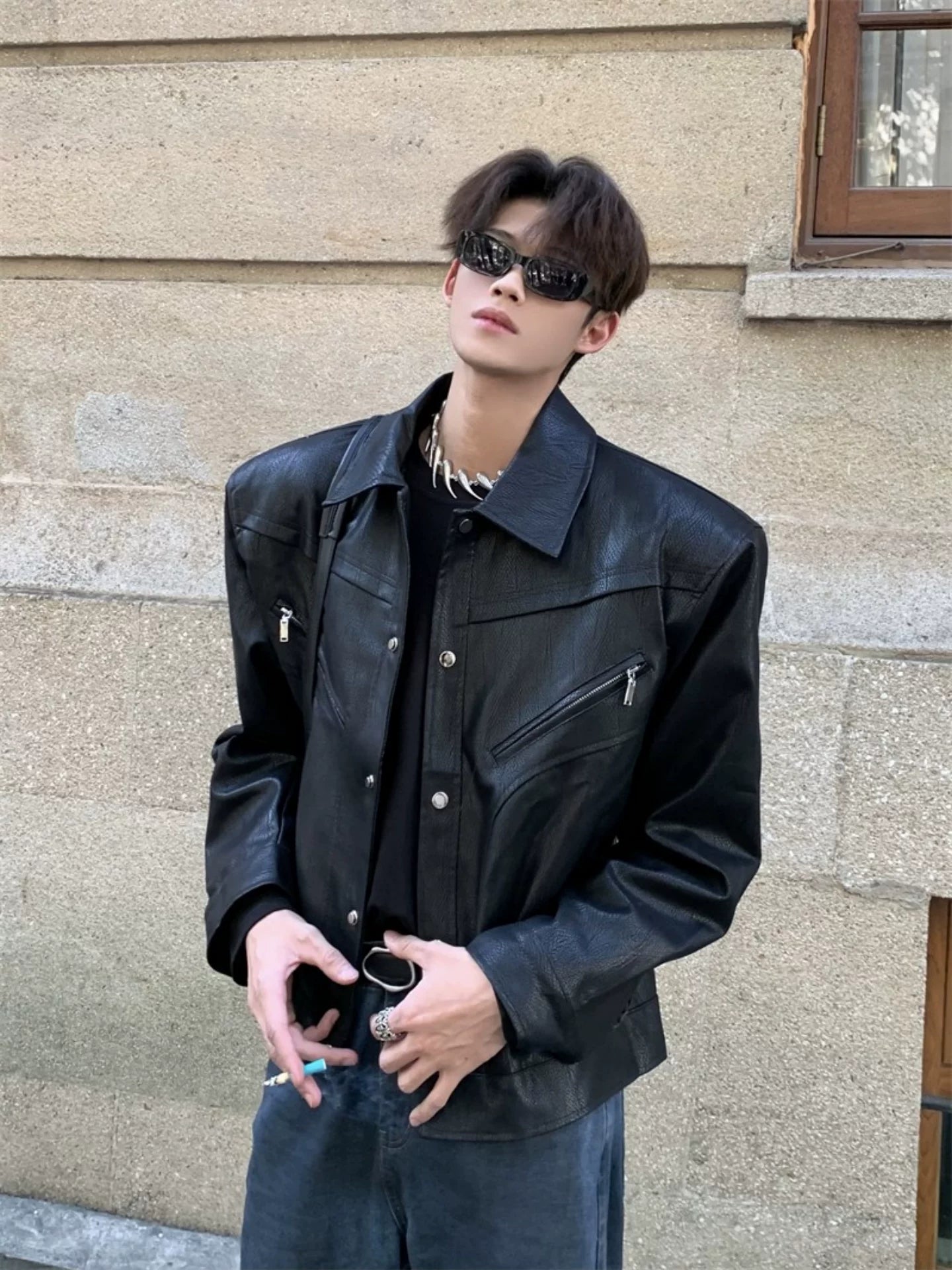 Deconstructed Faux-Leather Moto Jacket product view 4