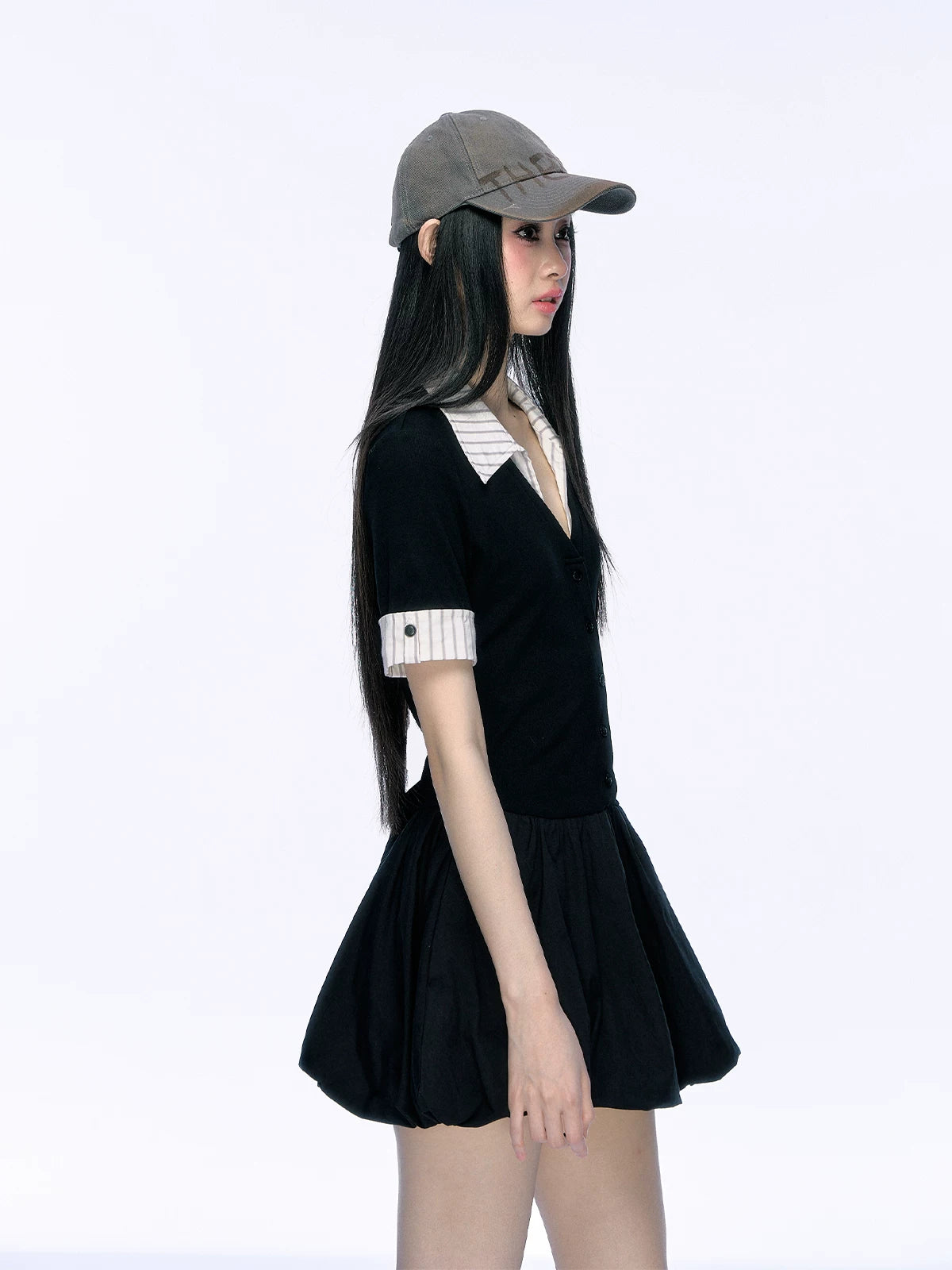 Contrast-Collar Ruffle-Hem Mini Dress product view 4