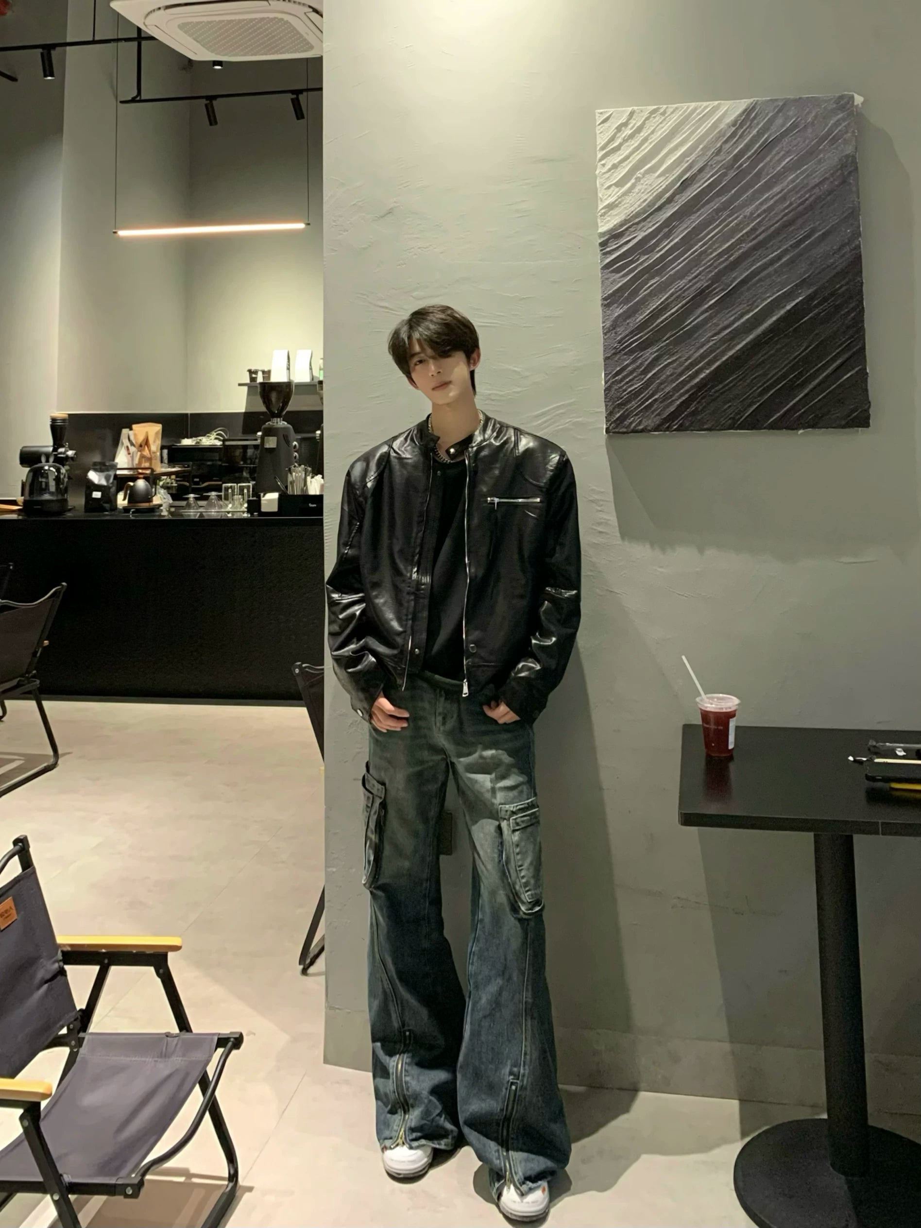 Padded-Shoulder Faux-Leather Jacket product view 5