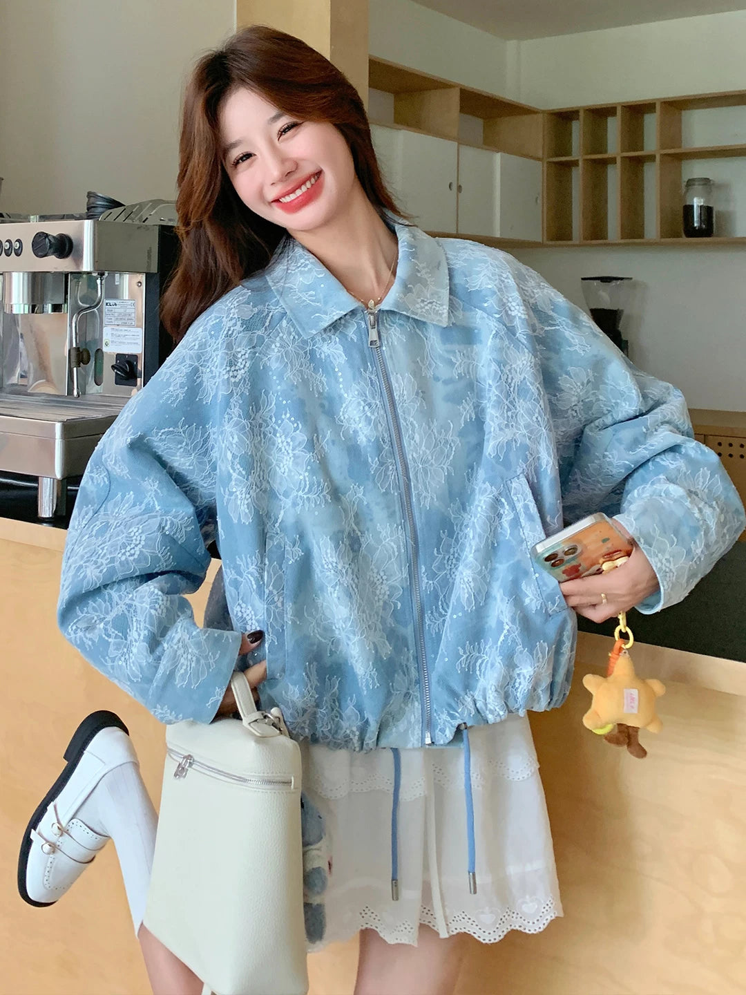 Lace-Panel Blue Denim Jacket product view 4
