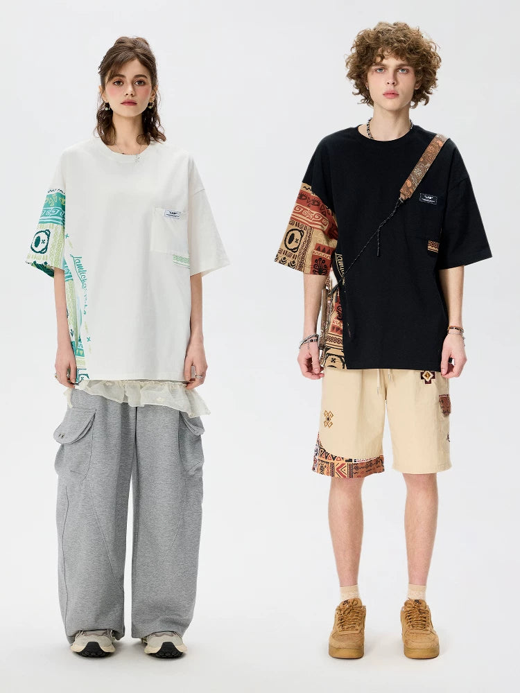 Ethnic Panel Oversized Cotton T-Shirt Black and White full-length view