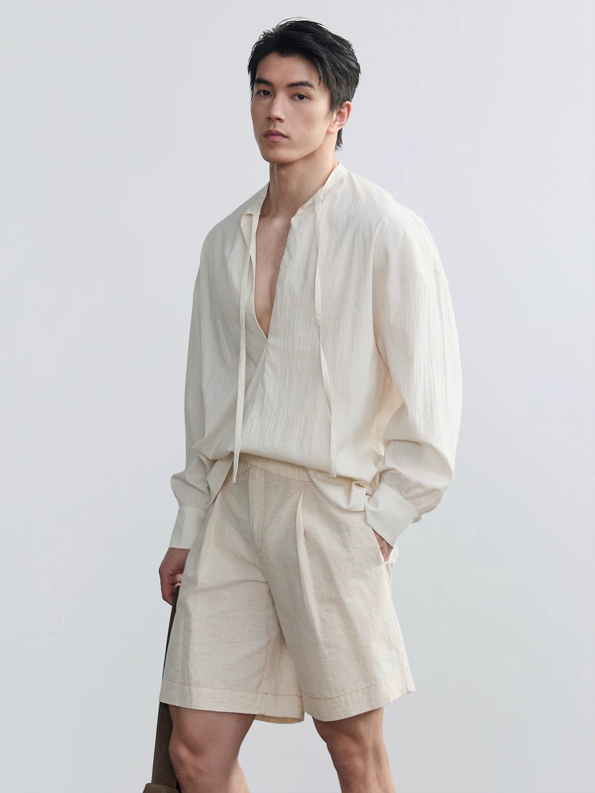 Ribbon-Tie Relaxed Long-Sleeve Shirt product view 3
