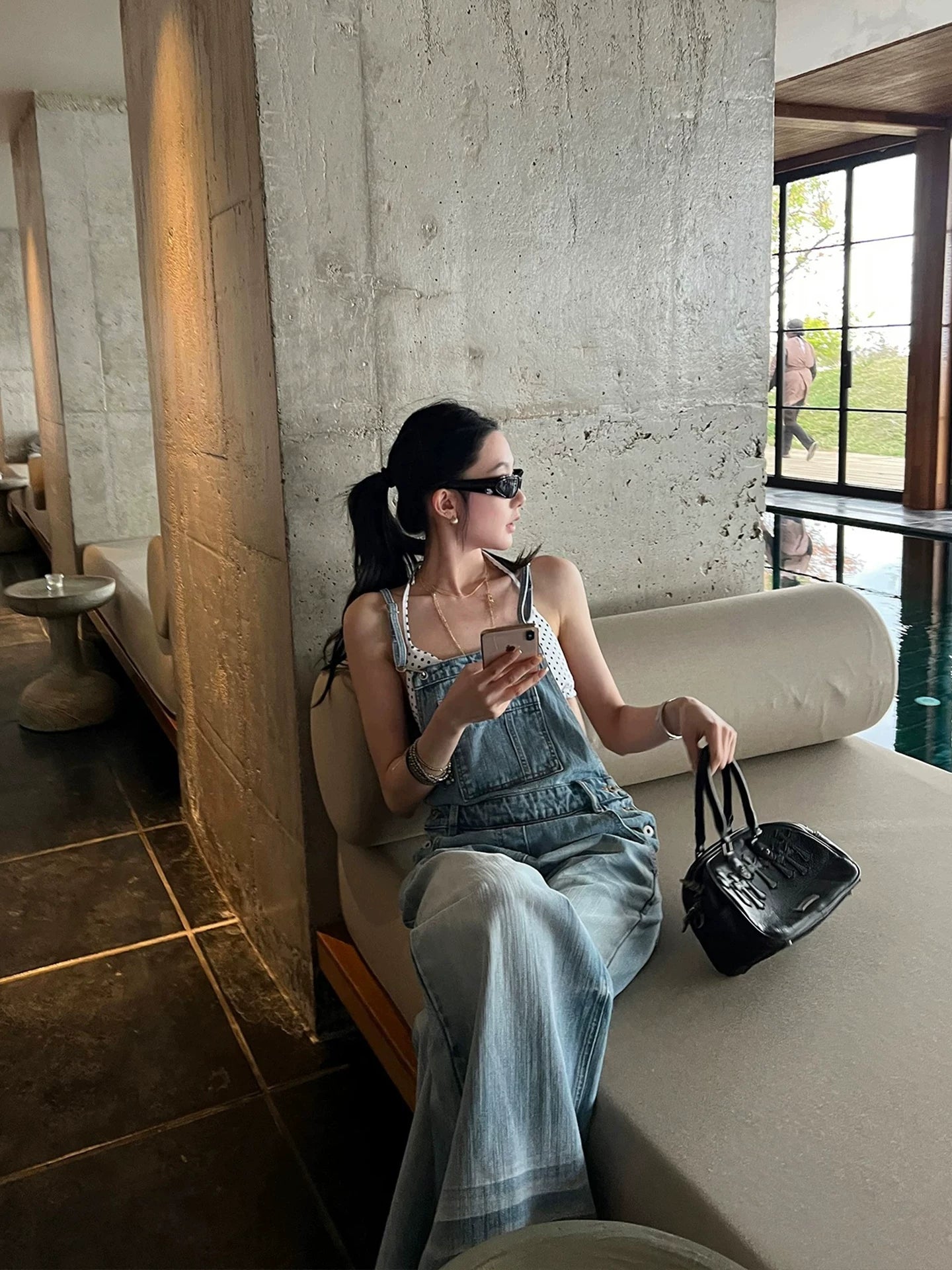 Washed Wide-Leg Denim Overalls product view 5
