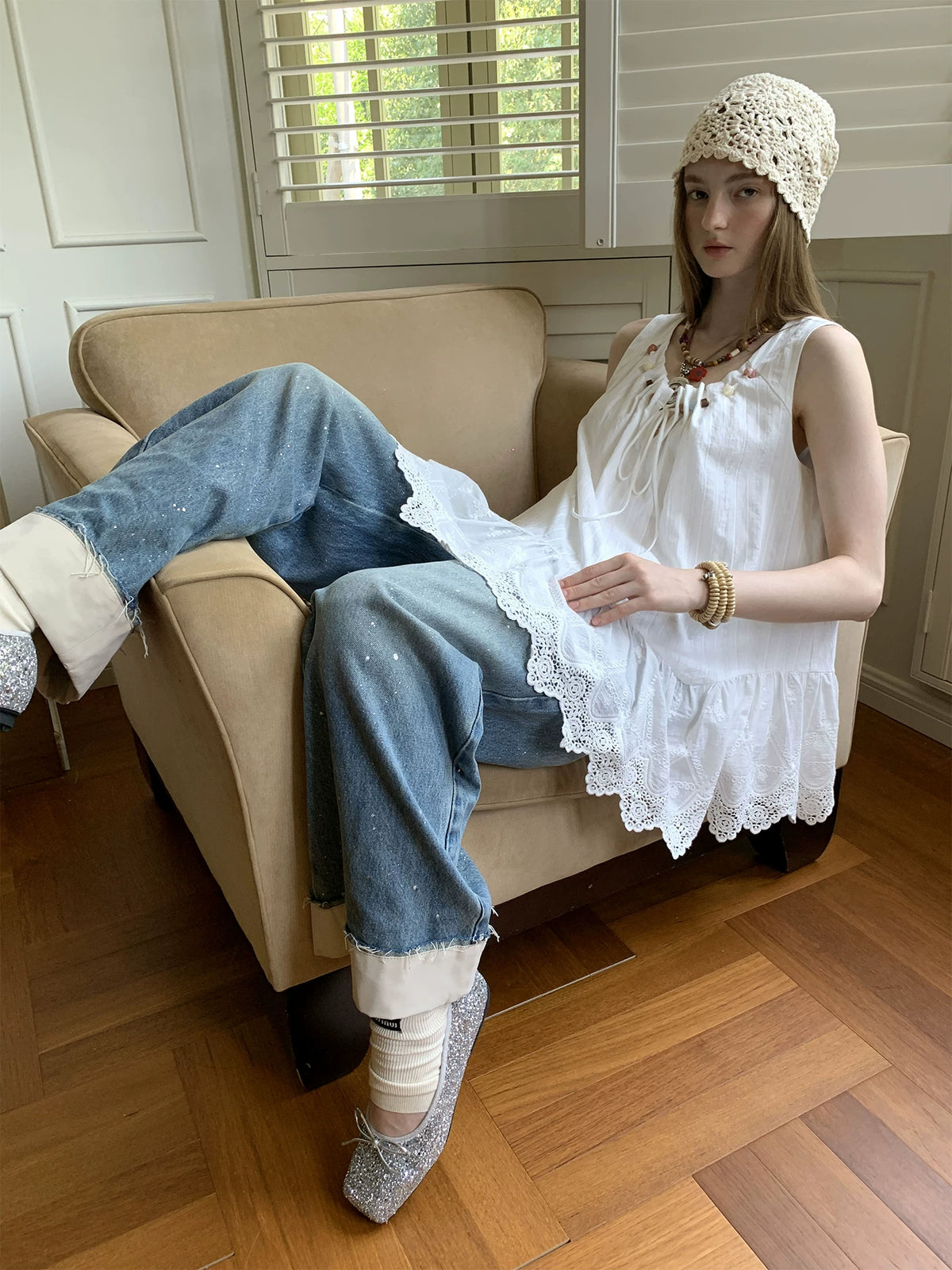 Beaded Eyelet Lace Tunic Top product view 4