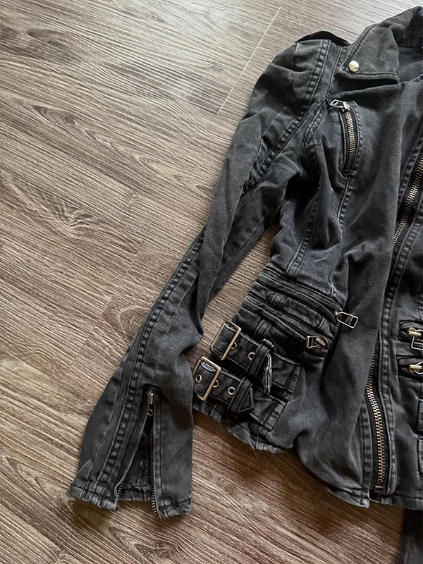 Buckle-Detailed Denim Moto Jacket product view 5