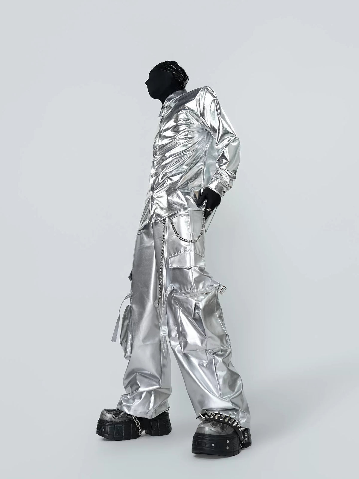 Silver Coated Wide-Leg Cargo Pants product view 5