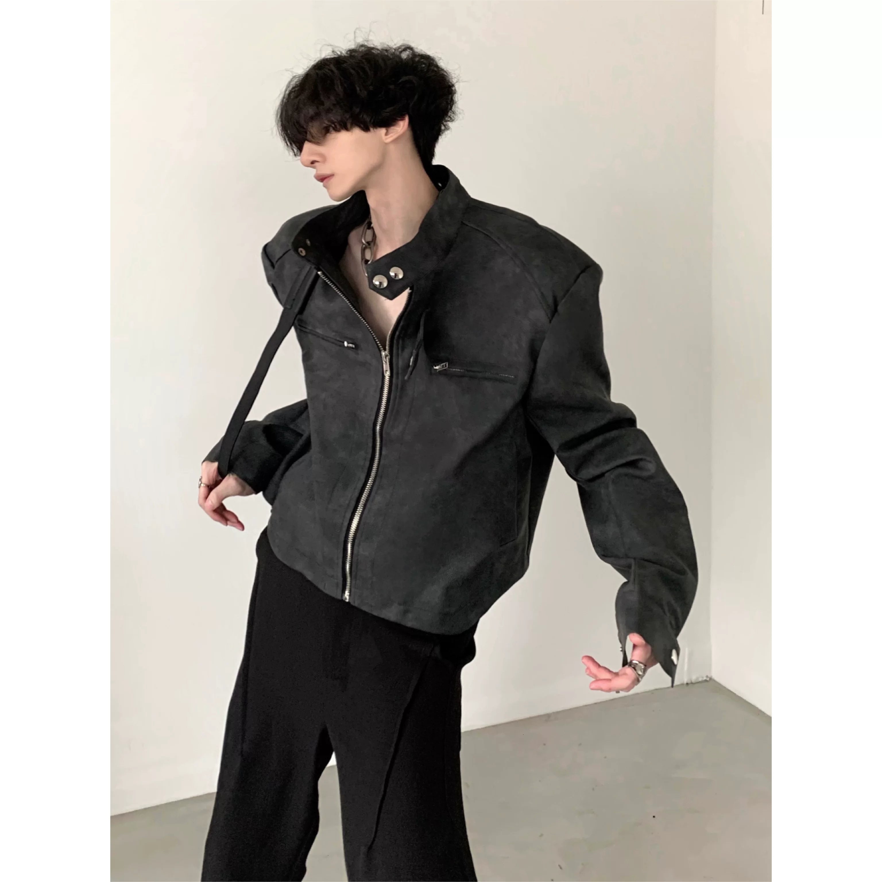 Distressed Padded-Shoulder Moto Jacket product view 4
