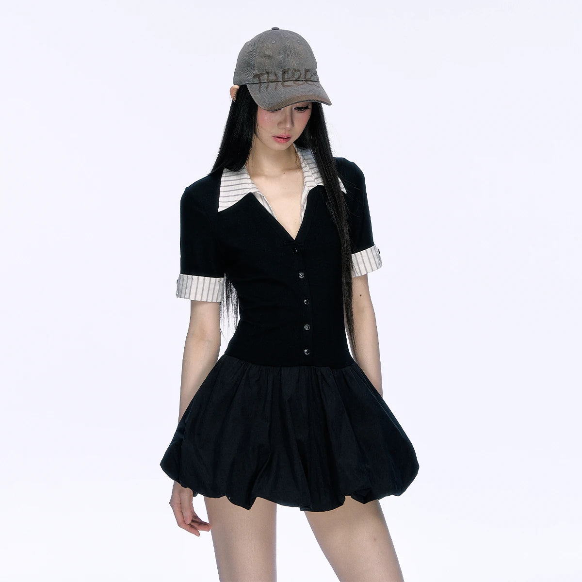 Contrast-Collar Ruffle-Hem Mini Dress product view 6