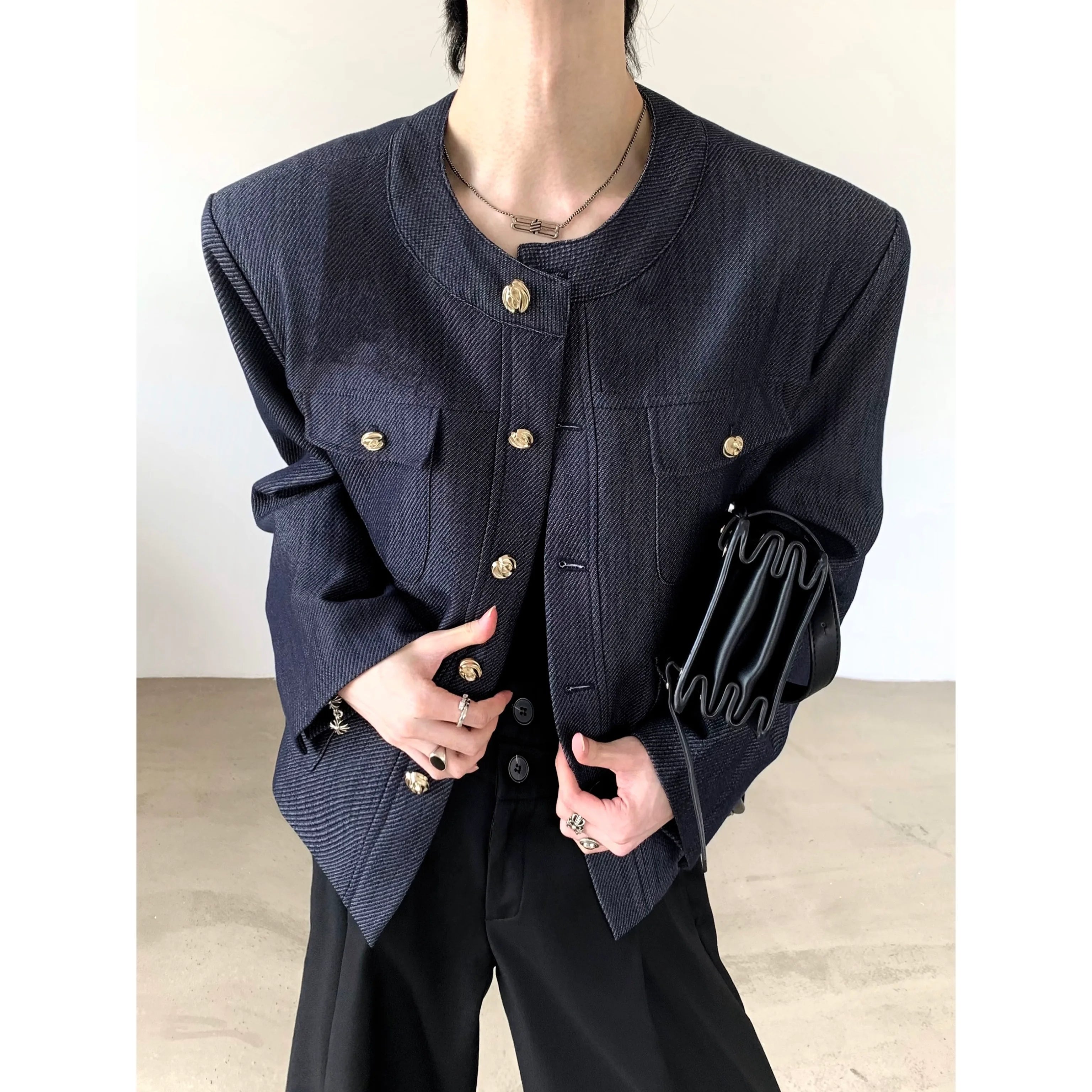 Navy Collarless Structured Jacket product view 5