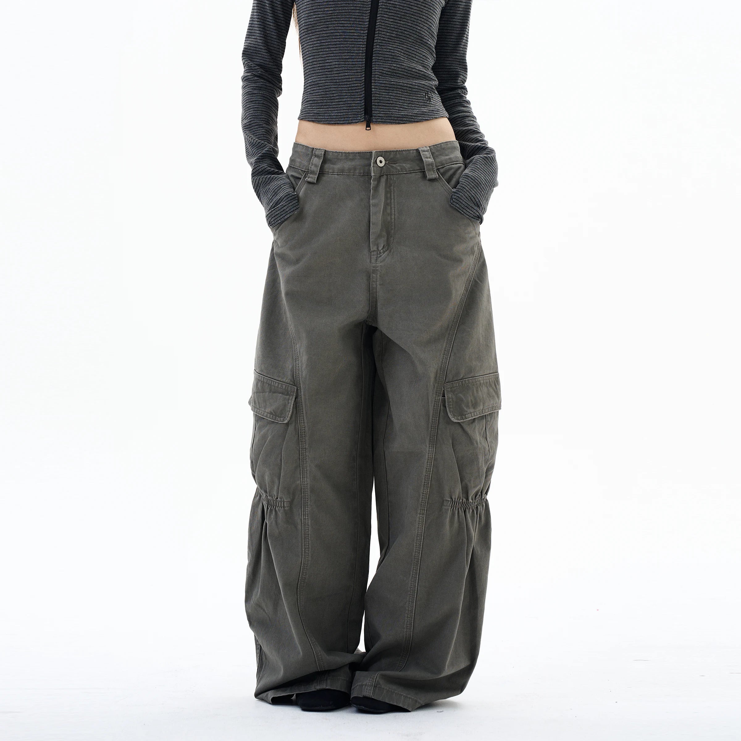 Washed Gathered-Knee Wide-Leg Cargo Pants product view 6