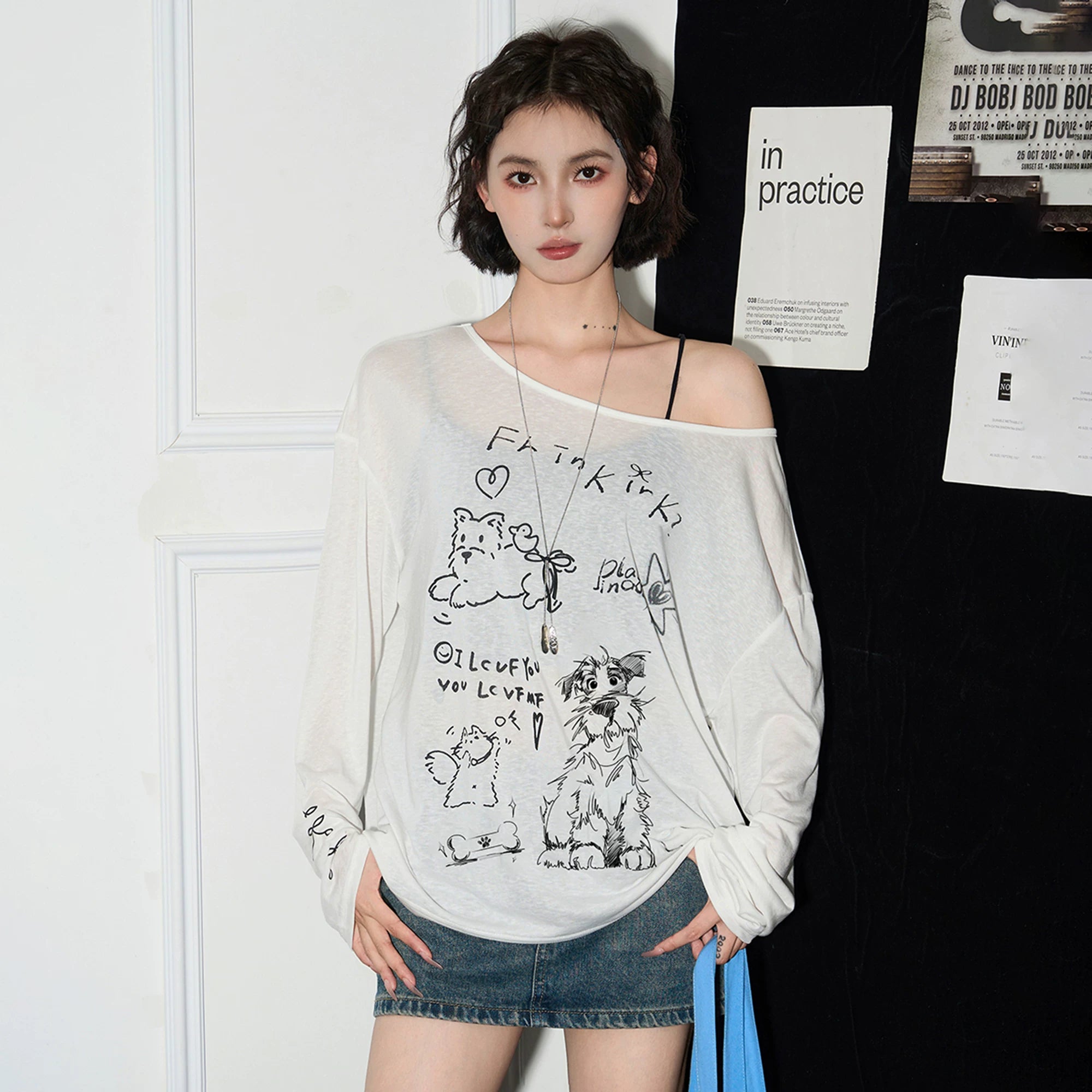 Cat-Print Off-Shoulder Sheer Blouse product view 5