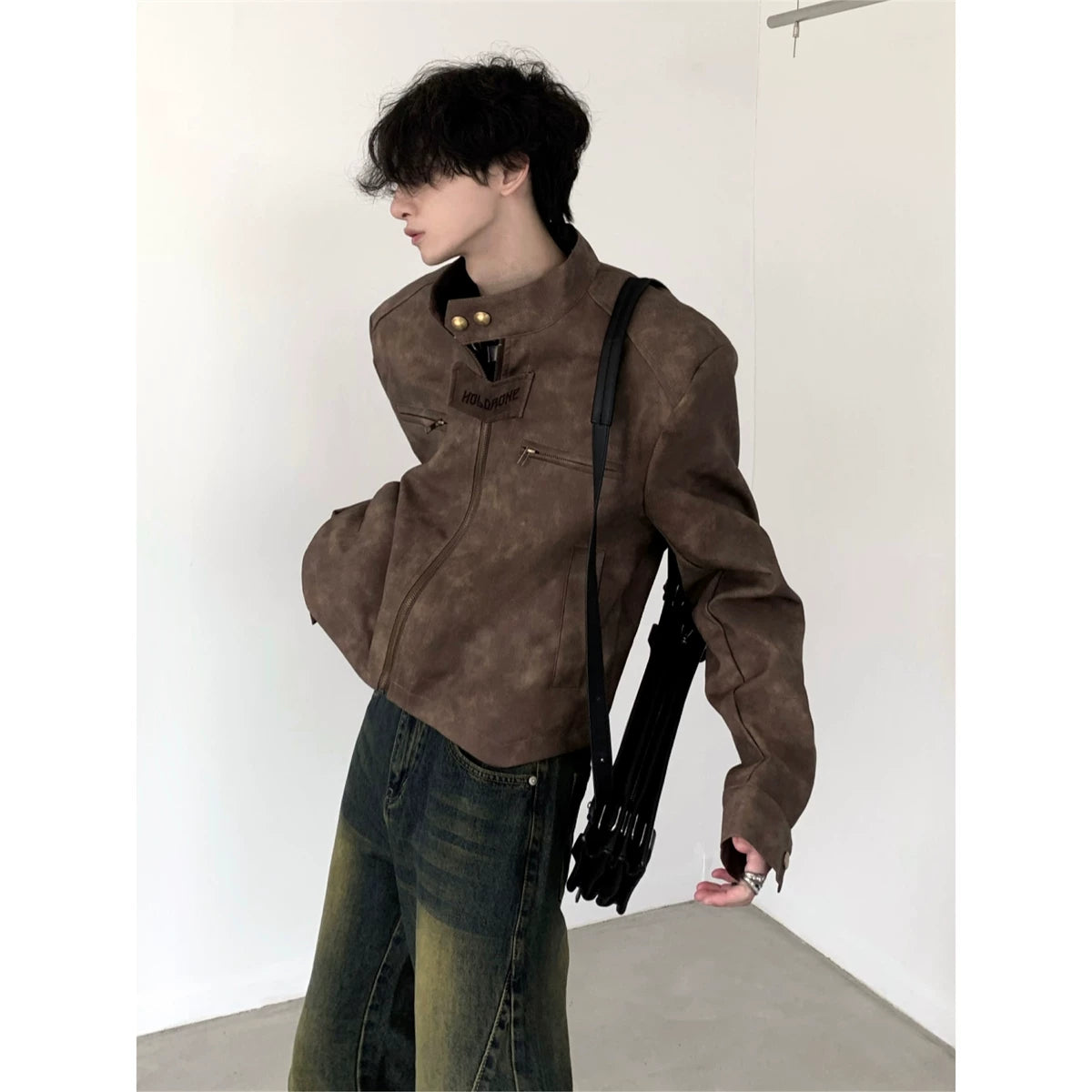 Distressed Padded-Shoulder Moto Jacket product view 5