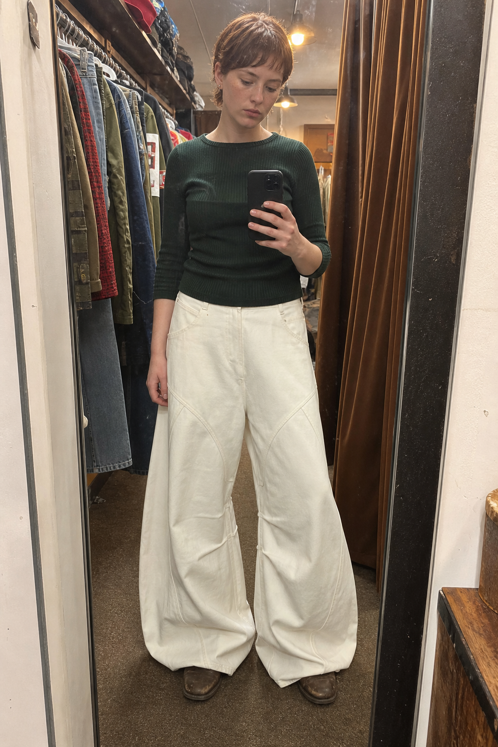 UGC vintage store styling of Men's Frayed Wide-Leg Machete Jeans