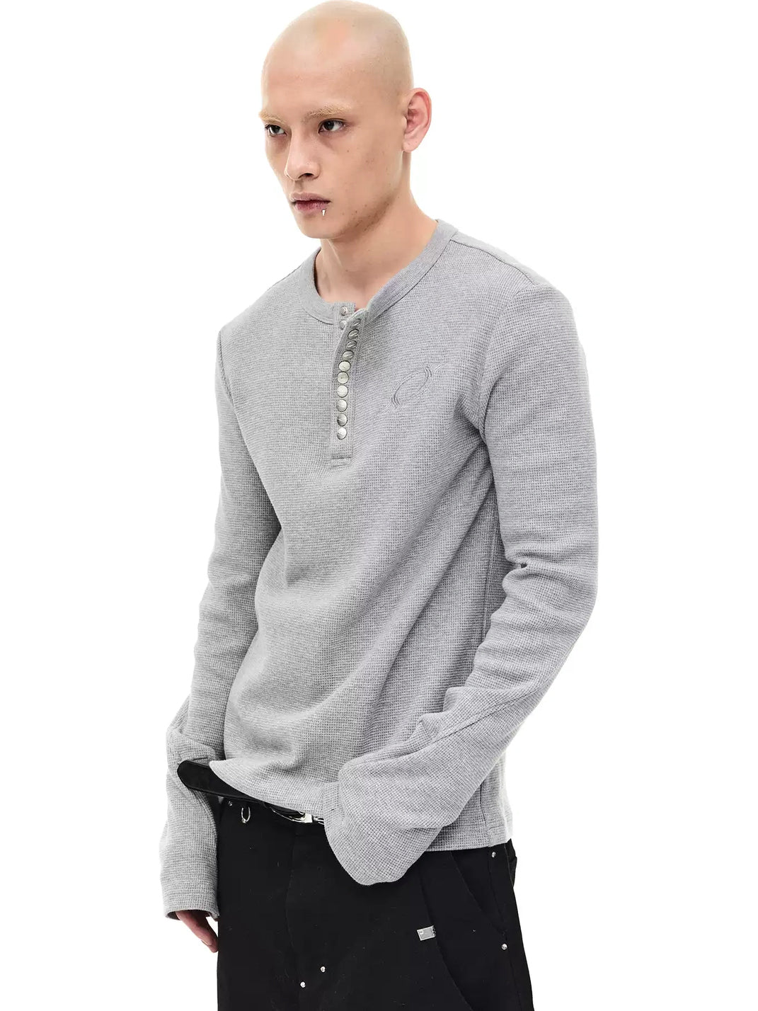 Metal-Snap Waffle Long-Sleeve Henley — product view 2