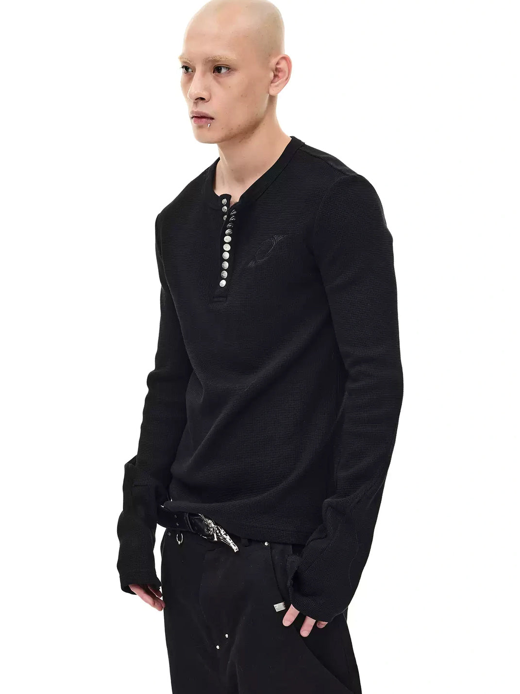 Metal-Snap Waffle Long-Sleeve Henley — product view 5