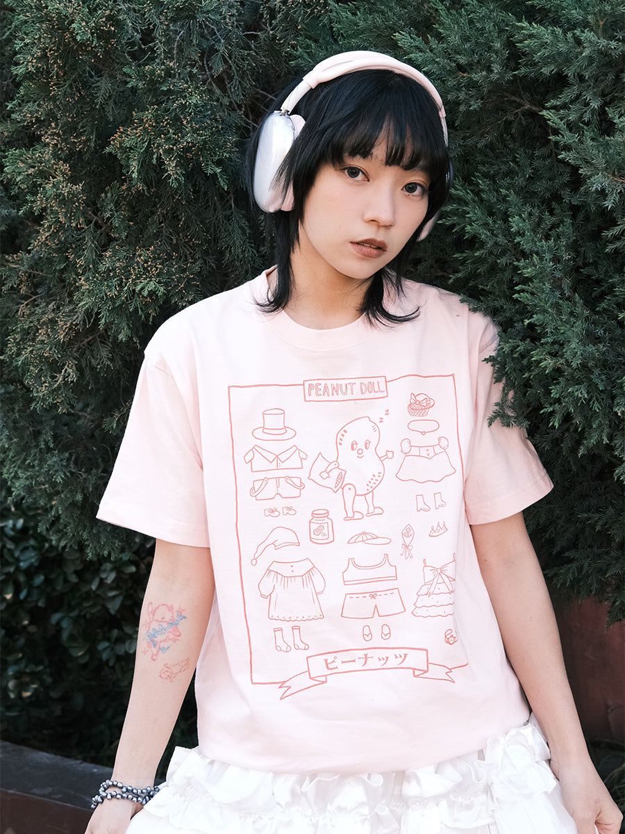 Kawaii Peanut Doll Paper Tee Pink