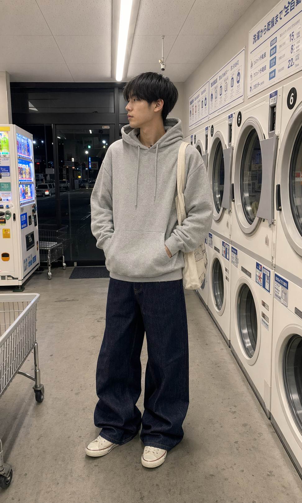 UGC showcase 1 for Midnight Dock Loose Denim Pants: Japanese man in a laundromat.