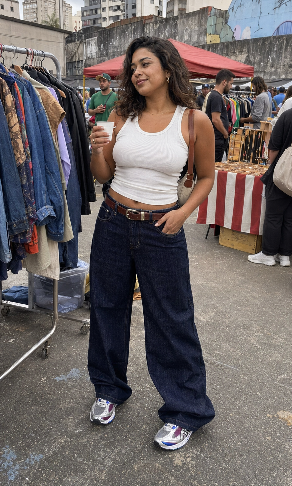 UGC showcase 3 for Midnight Dock Loose Denim Pants: Brazilian woman at a flea market.