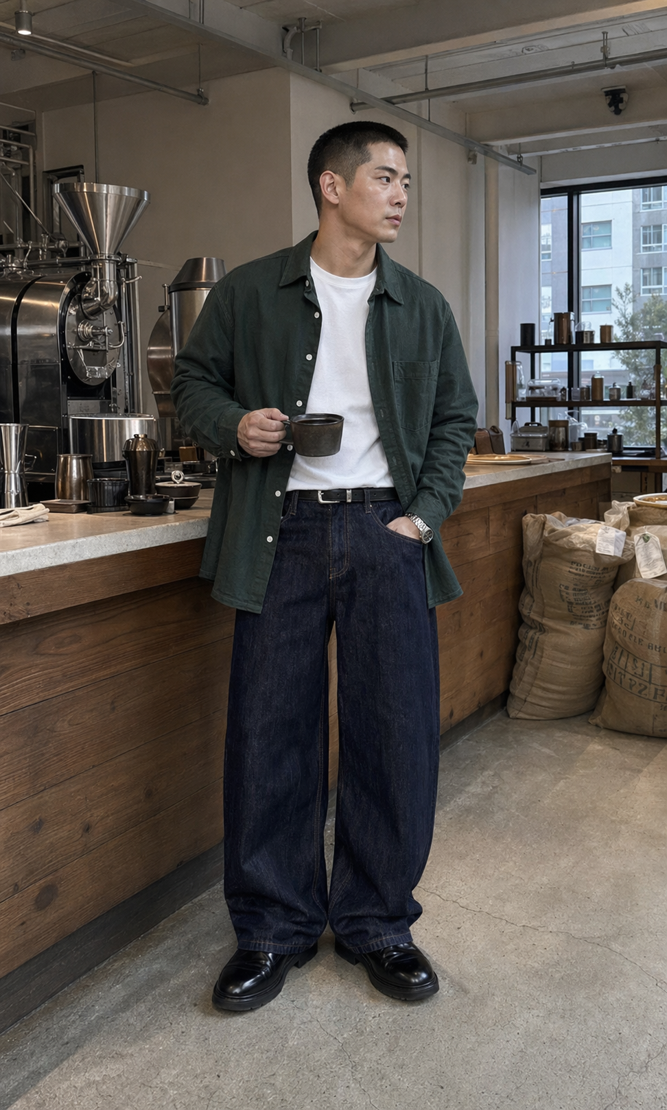 UGC showcase 4 for Midnight Dock Loose Denim Pants: Korean man at a coffee roastery.
