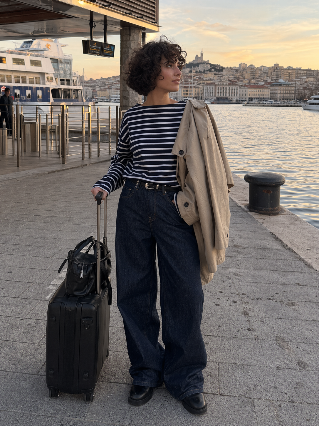 UGC showcase 5 for Midnight Dock Loose Denim Pants: French woman at a ferry terminal.