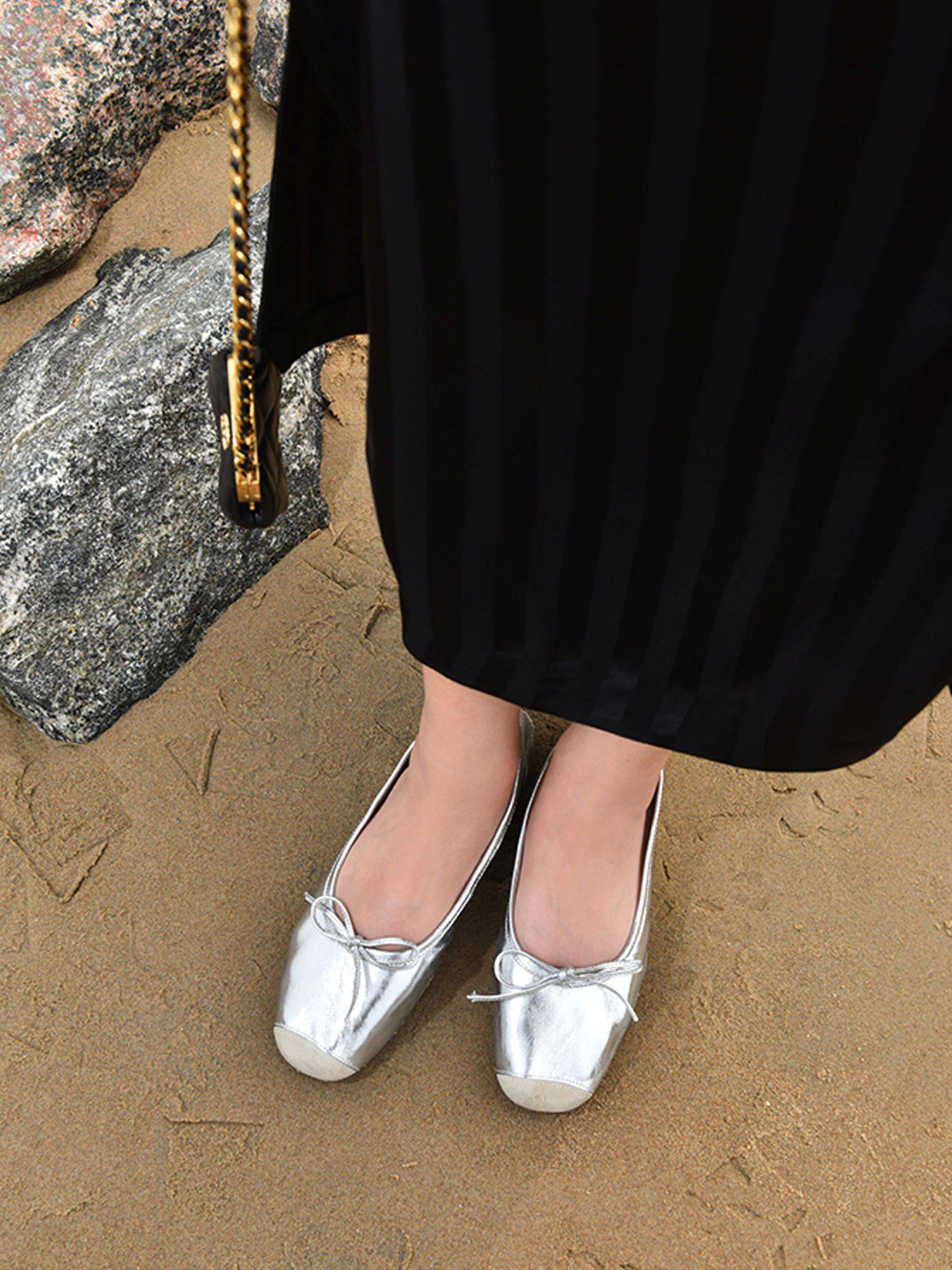 Square-Toe Metallic Bow Ballet Flats - View 2
