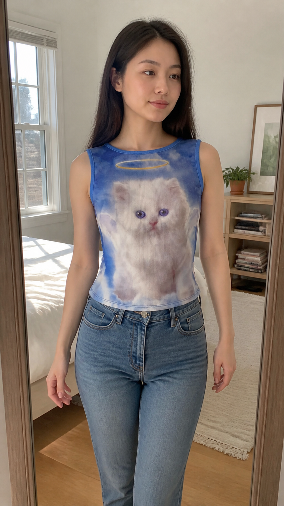 Mixed-Print Fitted Knit Tank Top Blue kitten-halo natural UGC showcase 1