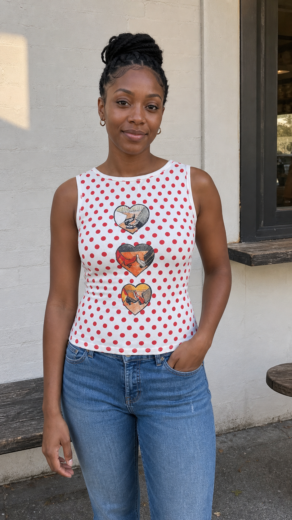 Mixed-Print Fitted Knit Tank Top White polka-heart natural UGC showcase 2