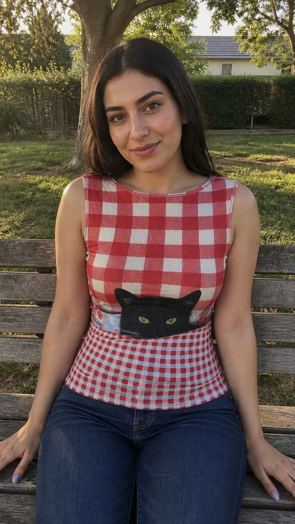 Mixed-Print Fitted Knit Tank Top Red gingham-cat natural UGC showcase 5